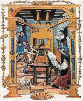 Afbeelding van een drukkerij (ca. 1530) weergegeven als miniatuur in een manuscript (Bibliothèque National, Paris).