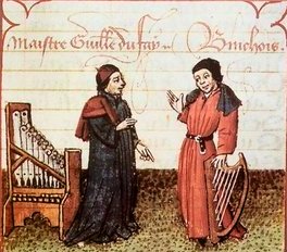 Guillaume Du Fay (links) met Gilles Binchois (rechts) in een kopie van Le champion des dames (ca. 1440) van Martin le Franc.
